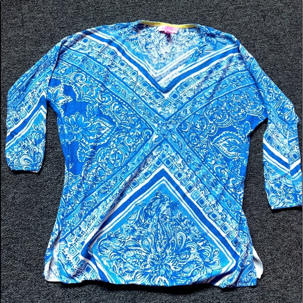 LILLY PULITZER Jameson Blue Crush Open Water Linen Top Shirt Tunic Sweater XS/S